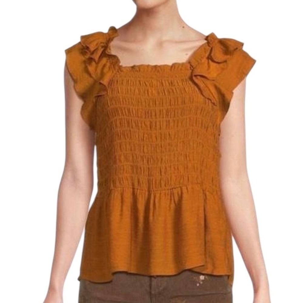Nanette Lepore Smocked Square Neck Ruffle Sleeve Peplum Top Rust Orange  Medium